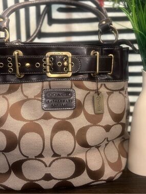 Coach Beige and Brown Signature Canvas Tote with Leather Trim